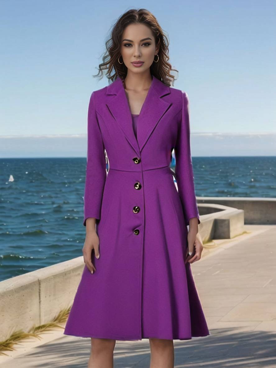 WW | Mid-Length Mantel aus Wolle A-Linie Knöpfe Reverskragen Lange Ärmel Damen Elegant Casual Casual Weste