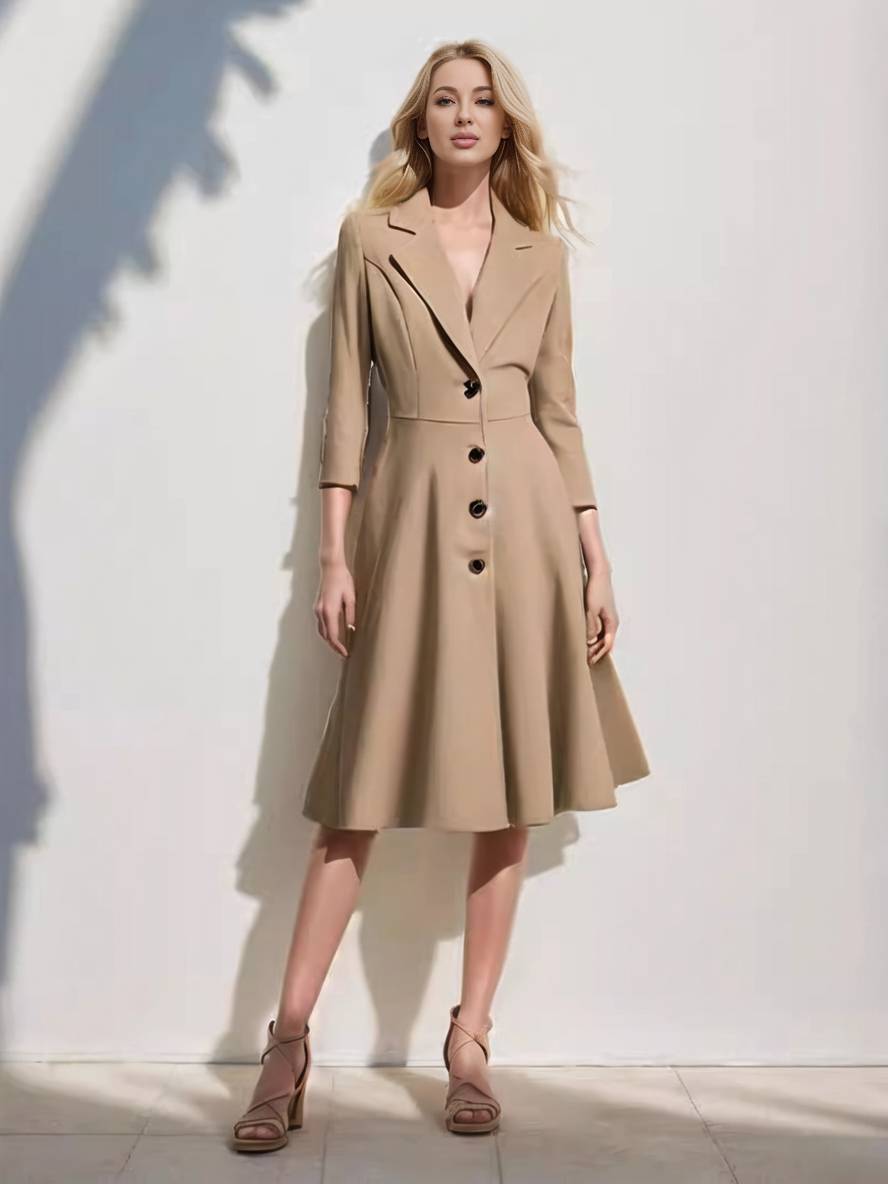 WW | Mid-Length Mantel aus Wolle A-Linie Knöpfe Reverskragen Lange Ärmel Damen Elegant Casual Casual Weste