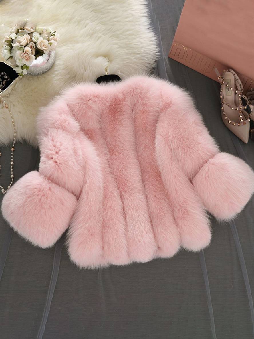 WW | Einfarbiger Kunstpelzmantel mit Langen Ärmeln für Damen Elegante Mode Winterjacke