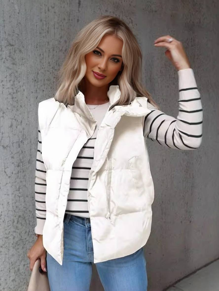 WW | Kurze Einfarbige Daunenjacke mit Reißverschlusstaschen Ärmellos Damen Elegant Casual Winterweste