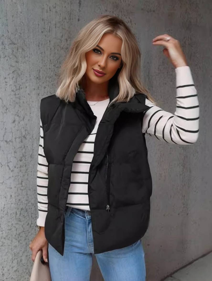 WW | Kurze Einfarbige Daunenjacke mit Reißverschlusstaschen Ärmellos Damen Elegant Casual Winterweste