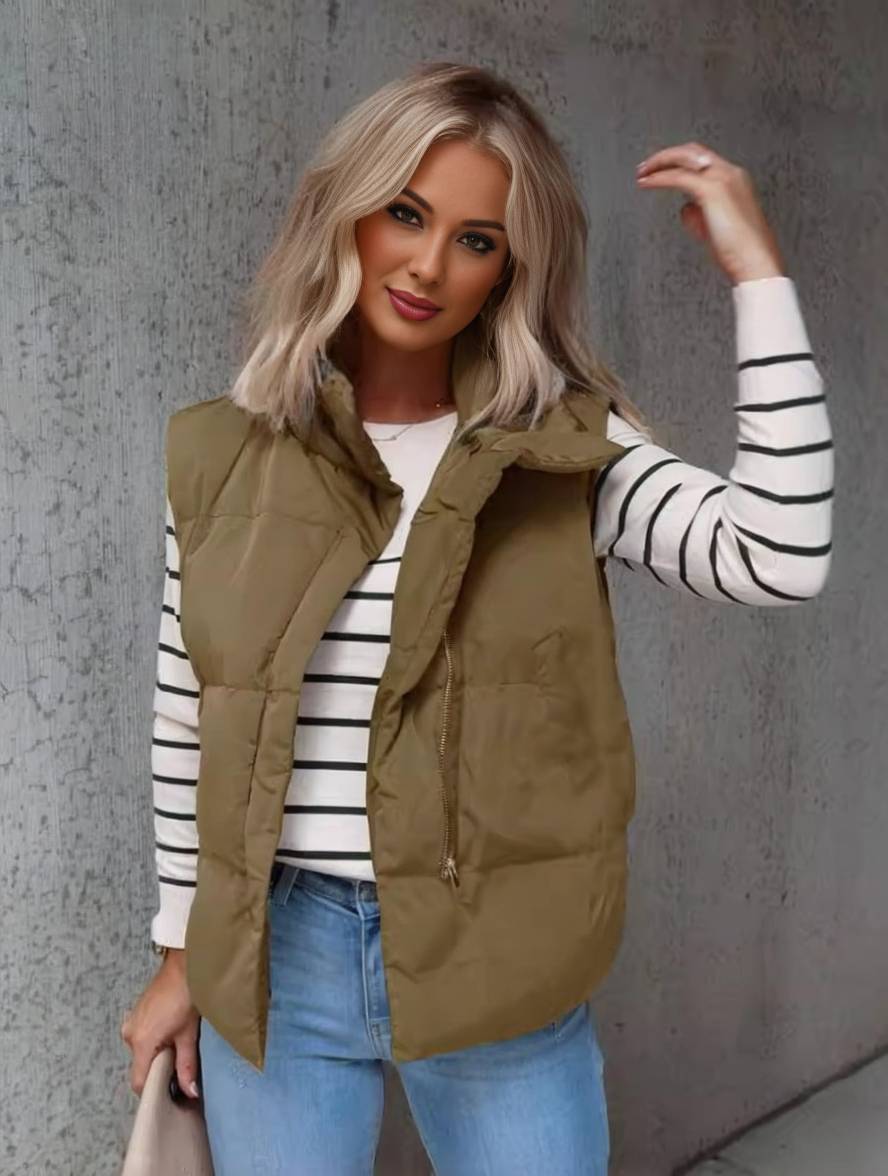 WW | Kurze Einfarbige Daunenjacke mit Reißverschlusstaschen Ärmellos Damen Elegant Casual Winterweste