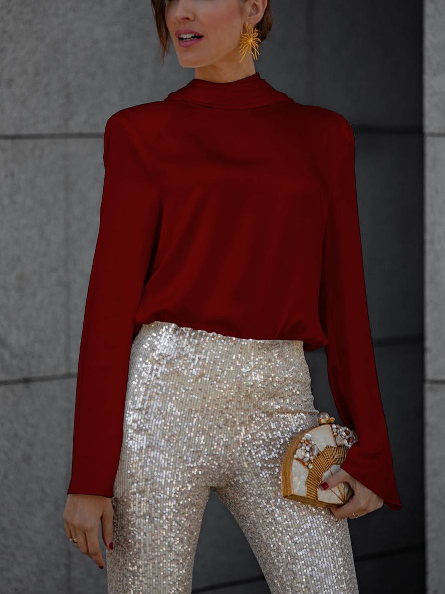 WW | Blouse Open Back Satin Backless Long Sleeve Women Elegant Casual Shirt