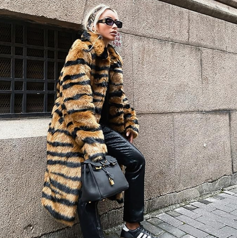 WW | Langer Pelzmantel Damen mit Animal-Print - Luxuriöses & Stilvolles Winterdesign