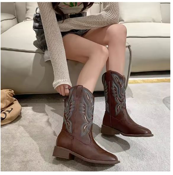 WW | Western Stil Stiefel Damen mit Spitzem Kopf und Blockabsatz, Cowboy Stiefel Damen