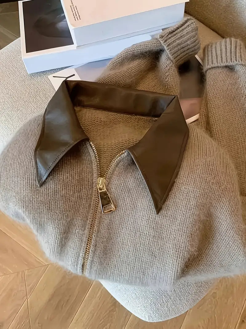 WW | Reißverschluss Hellbraun mit Kragen Gestrickter Damen