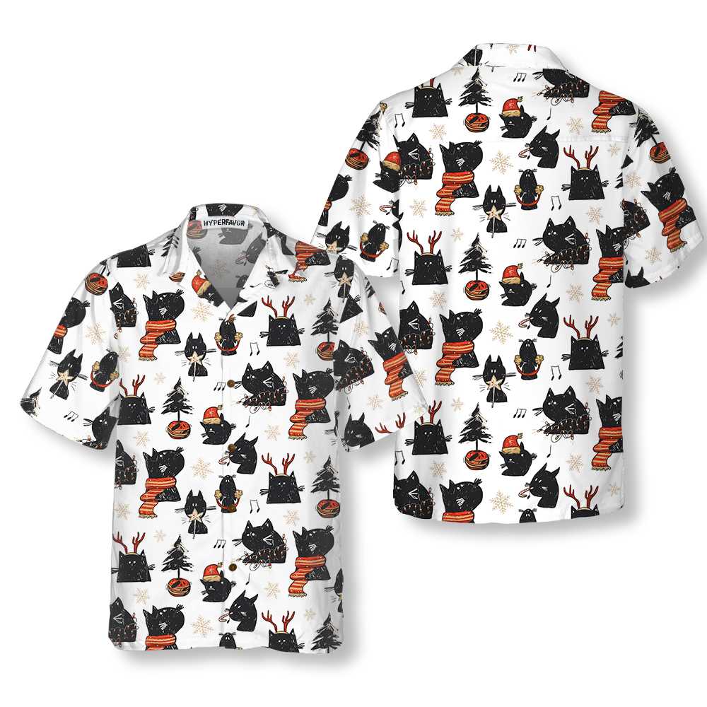WW | Cartoon Schwarz Katze Frohe Weihnachten Hawaiian Shirt, Lustiges Weihnachtskatze Shirt, Beste Weihnachtsgeschenkidee