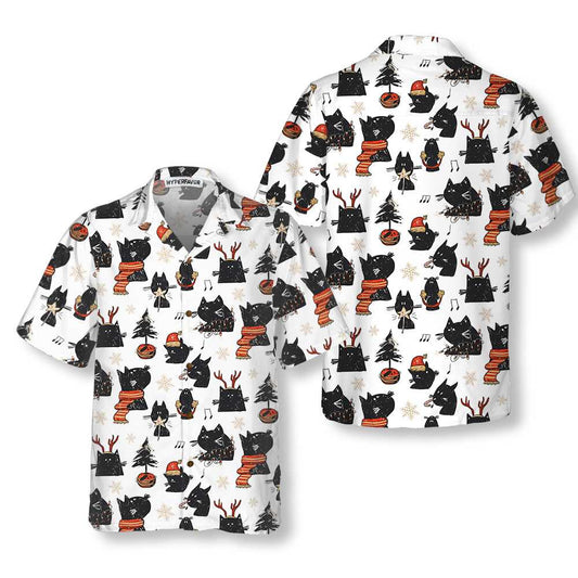 WW | Cartoon Schwarz Katze Frohe Weihnachten Hawaiian Shirt, Lustiges Weihnachtskatze Shirt, Beste Weihnachtsgeschenkidee
