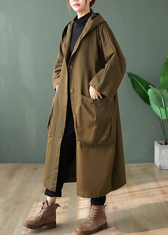 WW | Schwarze Kapuzen-Taschen Patchwork Baumwoll Lange Trenchcoats Lange Ärmel