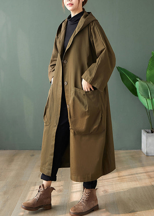 WW | Schwarze Kapuzen-Taschen Patchwork Baumwoll Lange Trenchcoats Lange Ärmel