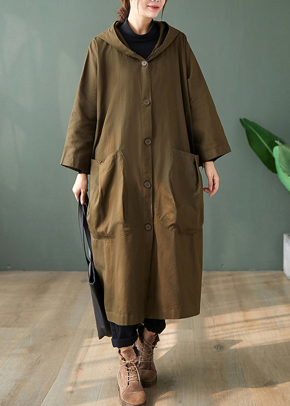 WW | Black Hooded Pocket Patchwork Cotton Long Trench Coats Long Sleeves