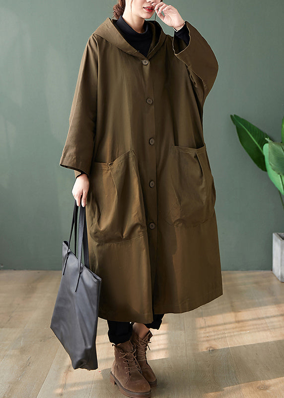 WW | Schwarze Kapuzen-Taschen Patchwork Baumwoll Lange Trenchcoats Lange Ärmel