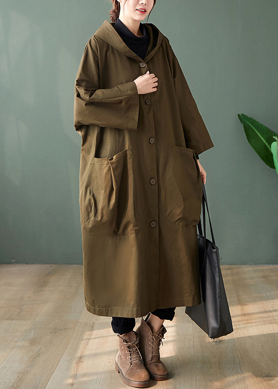 WW | Black Hooded Pocket Patchwork Cotton Long Trench Coats Long Sleeves
