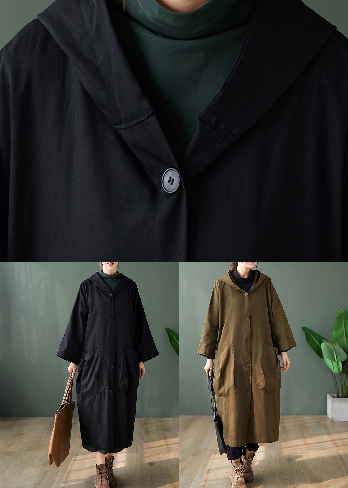 WW | Schwarze Kapuzen-Taschen Patchwork Baumwoll Lange Trenchcoats Lange Ärmel