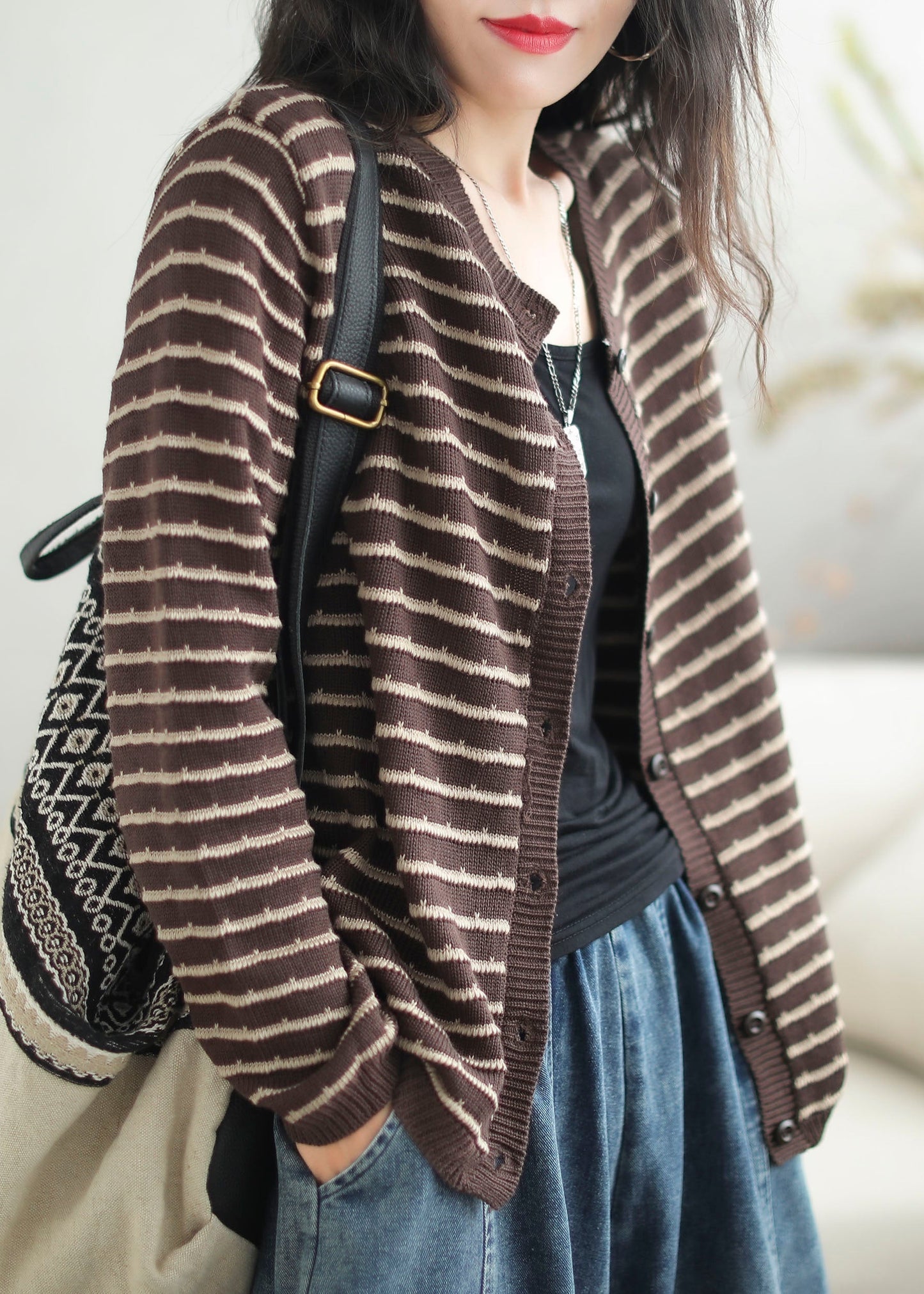WW | Black O-Neck Striped Patchwork Button Cozy Cotton Knit Cardigan Coats