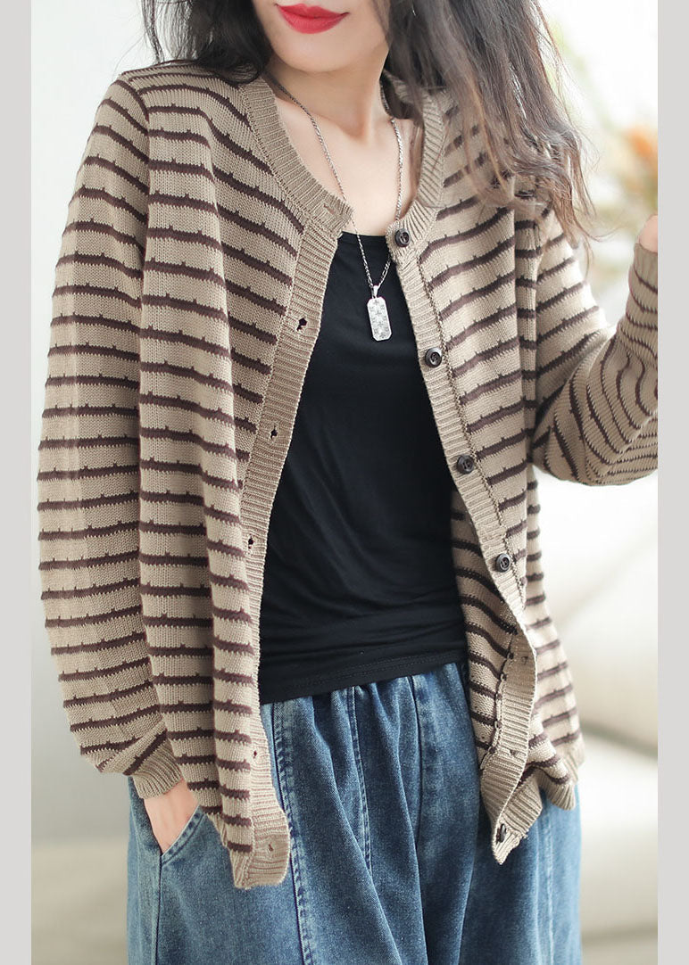 WW | Black O-Neck Striped Patchwork Button Cozy Cotton Knit Cardigan Coats
