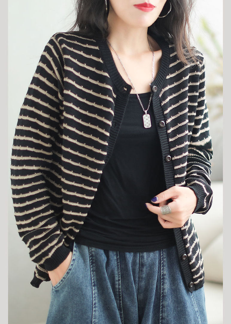 WW | Black O-Neck Striped Patchwork Button Cozy Cotton Knit Cardigan Coats