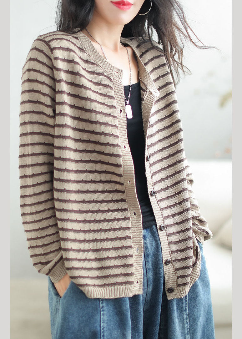 WW | Black O-Neck Striped Patchwork Button Cozy Cotton Knit Cardigan Coats