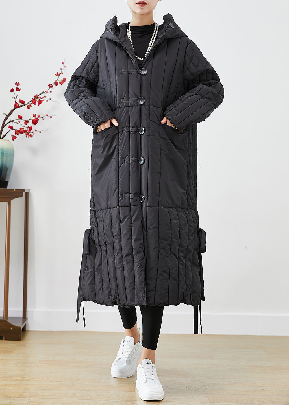WW | Black Oversized Striped Fine Cotton-Filled Puffer Coats Winter