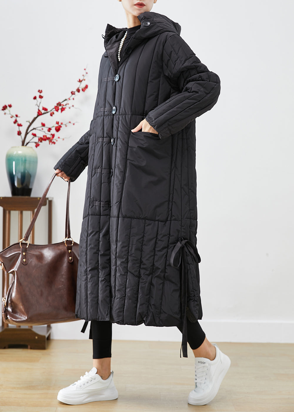 WW | Black Oversized Striped Fine Cotton-Filled Puffer Coats Winter