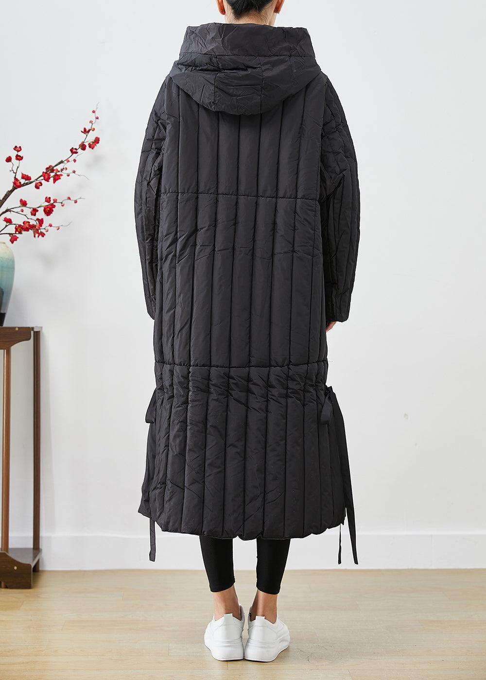 WW | Black Oversized Striped Fine Cotton-Filled Puffer Coats Winter