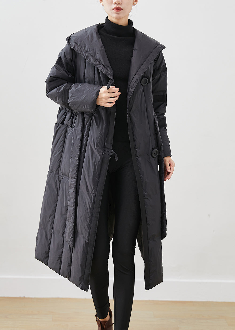 WW | Black Plus Size Tie Waist Duck Feather Down Coats Winter
