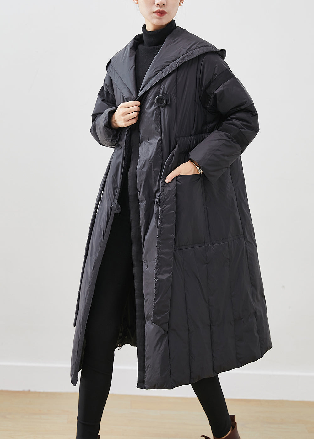 WW | Black Plus Size Tie Waist Duck Feather Down Coats Winter