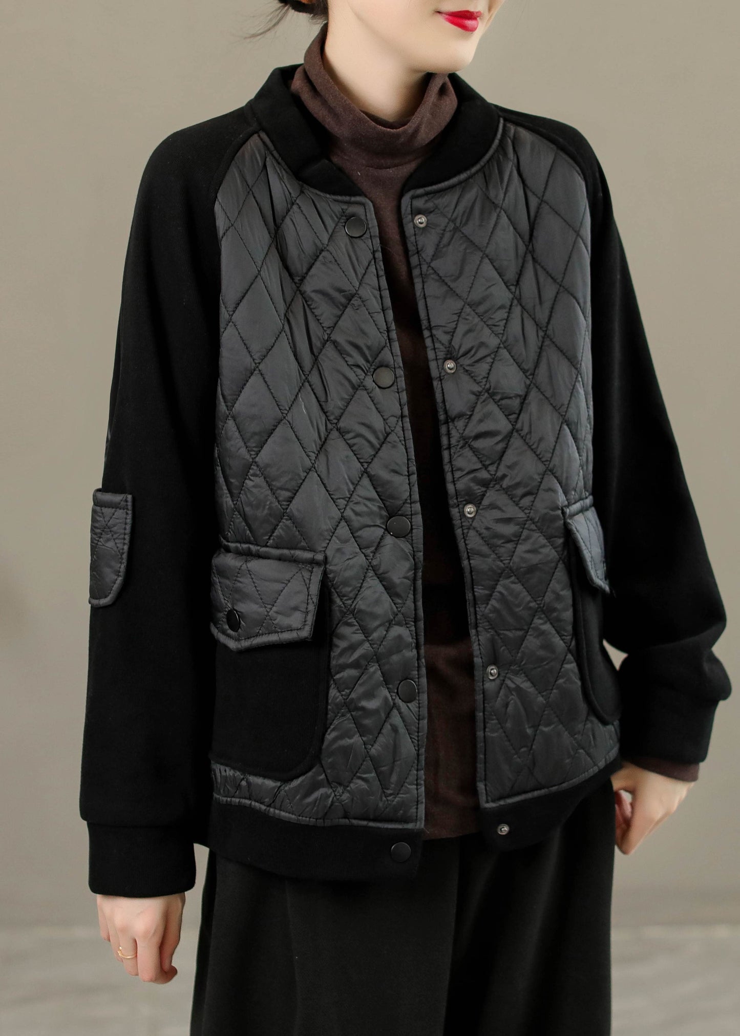 WW | Coffee Scoop Neck Plaid Patchwork Button-Down Jackets Winter