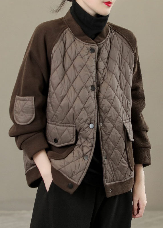 WW | Coffee Scoop Neck Plaid Patchwork Button-Down Jackets Winter