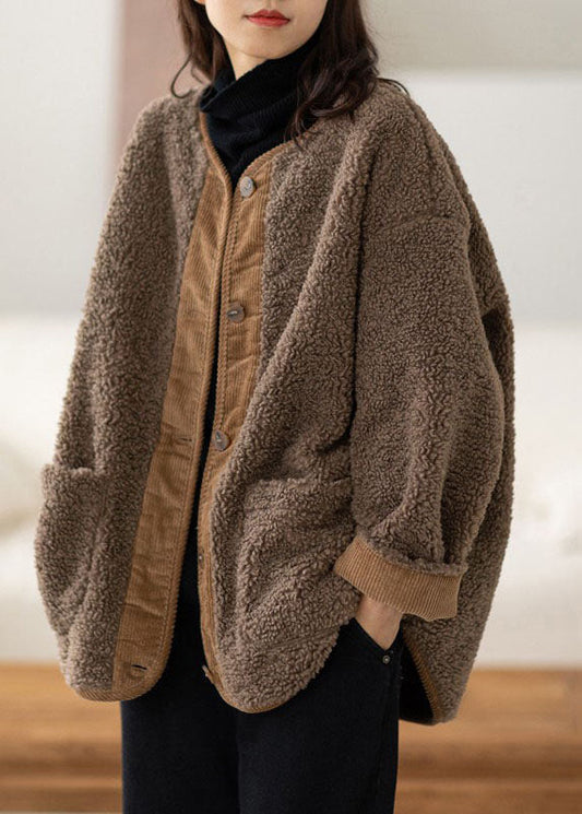 WW | Kaffee O-Ausschnitt Taschen Knopf Warm Faux Fur Mäntel Lange Ärmel