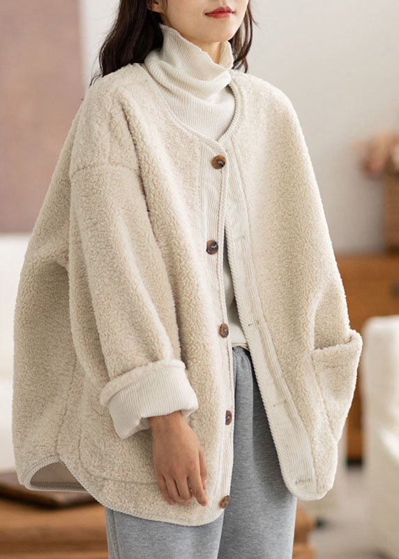 WW | Kaffee O-Ausschnitt Taschen Knopf Warm Faux Fur Mäntel Lange Ärmel