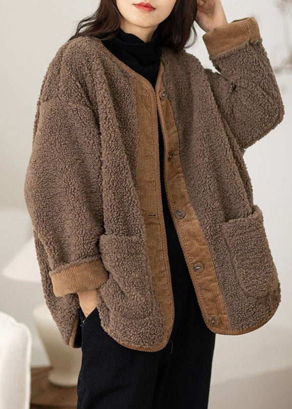 WW | Kaffee O-Ausschnitt Taschen Knopf Warm Faux Fur Mäntel Lange Ärmel