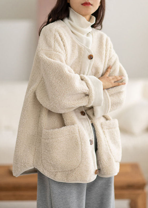 WW | Coffee V-Neck Pockets Button Warm Faux Fur Coats Long Sleeves