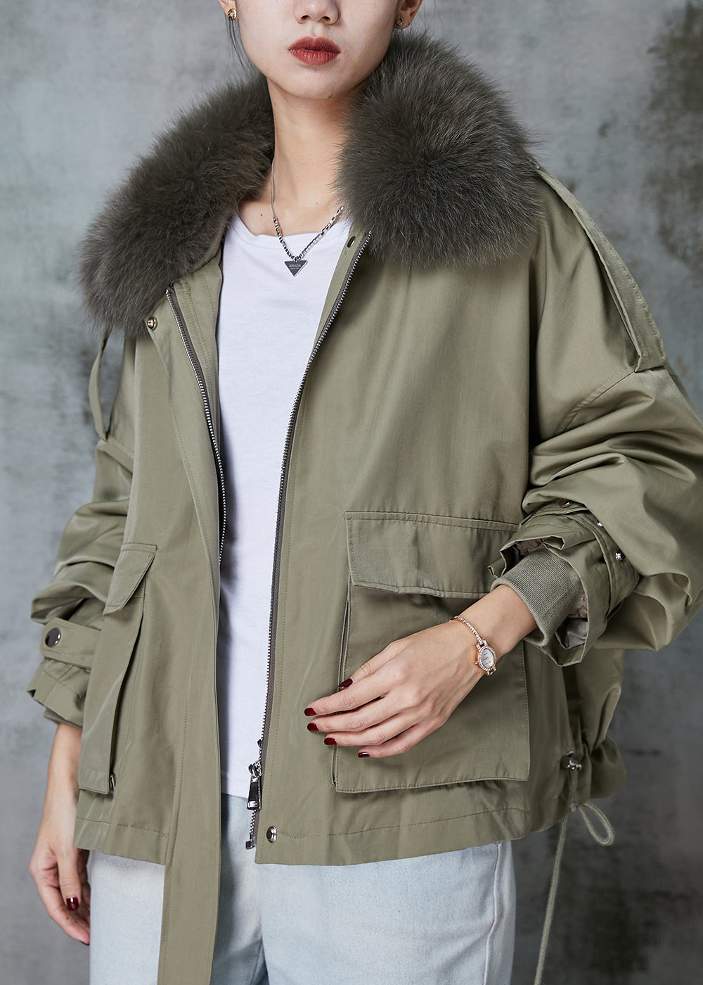 WW | Green Fox Collar Fuzzy Rabbit Fur Lining Drawstring Jackets