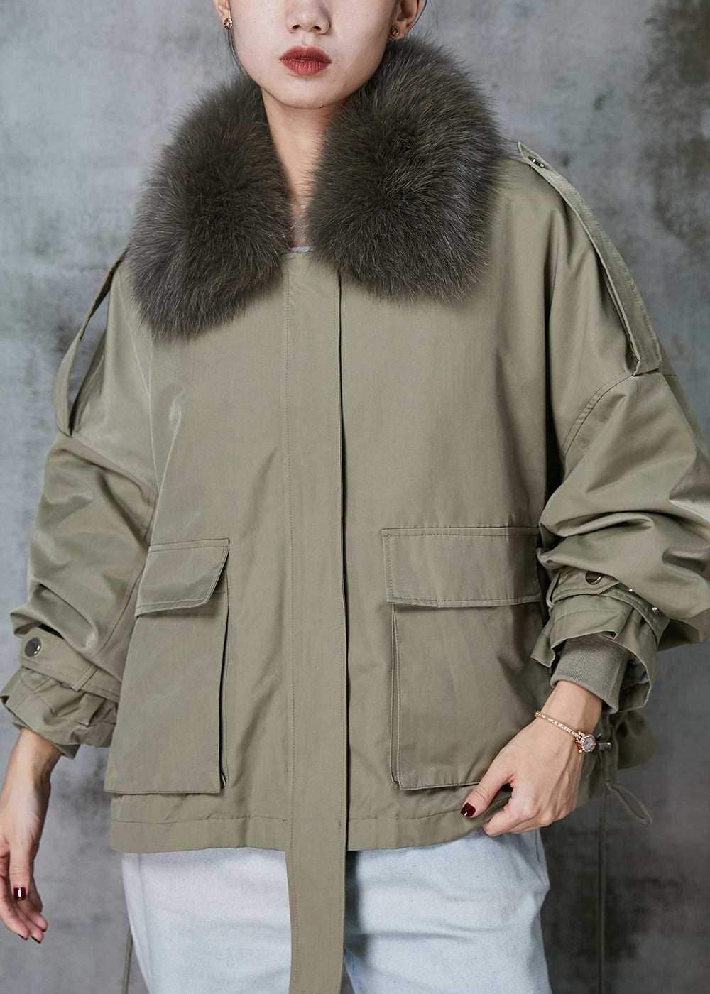 WW | Green Fox Collar Fuzzy Rabbit Fur Lining Drawstring Jackets
