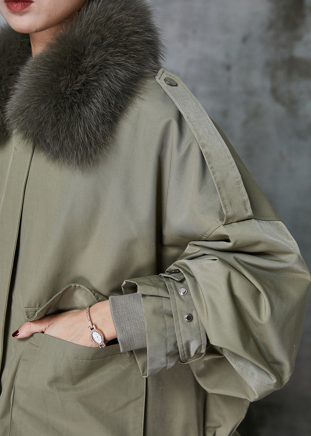 WW | Grün Fox Kragen Fuzzy Kaninchenhaar Futter Zugjacken