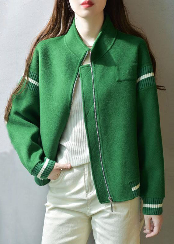 WW | Green Stand Collar Zip Up Patchwork Wool Coats