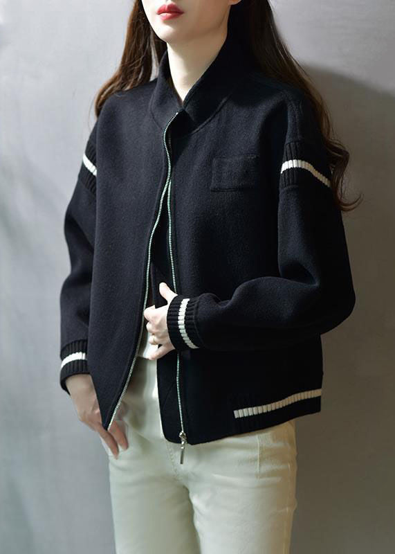 WW | Grüne Stehkragen Zip Up Patchwork Wolle Mäntel