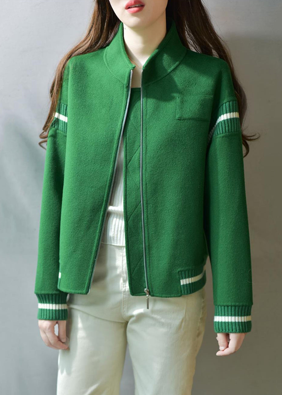WW | Green Stand Collar Zip Up Patchwork Wool Coats