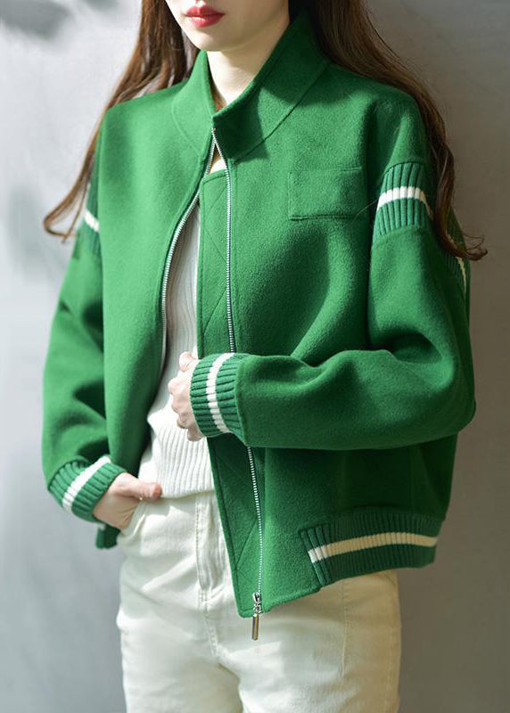 WW | Green Stand Collar Zip Up Patchwork Wool Coats