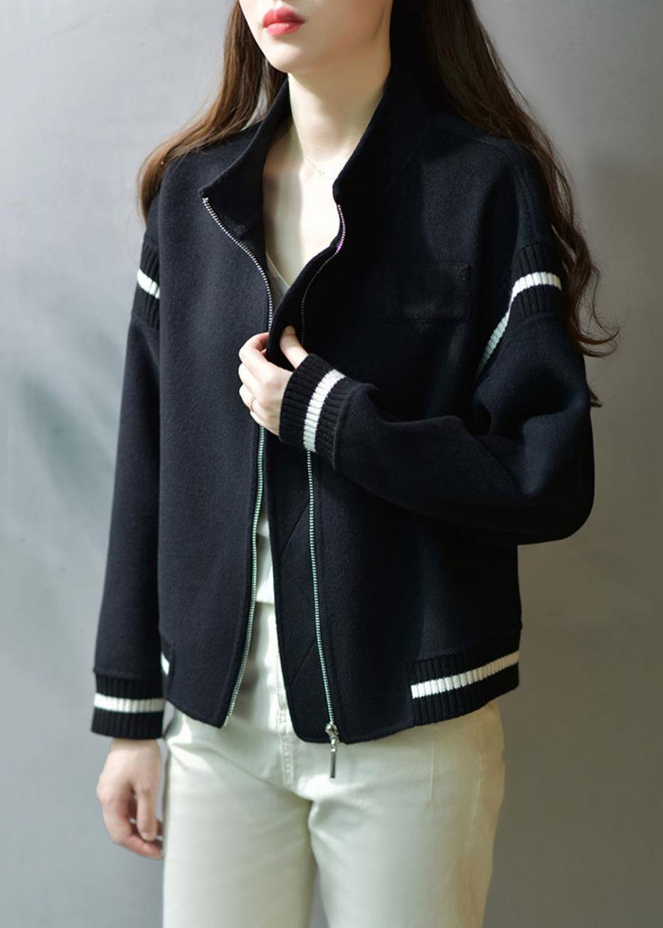 WW | Grüne Stehkragen Zip Up Patchwork Wolle Mäntel