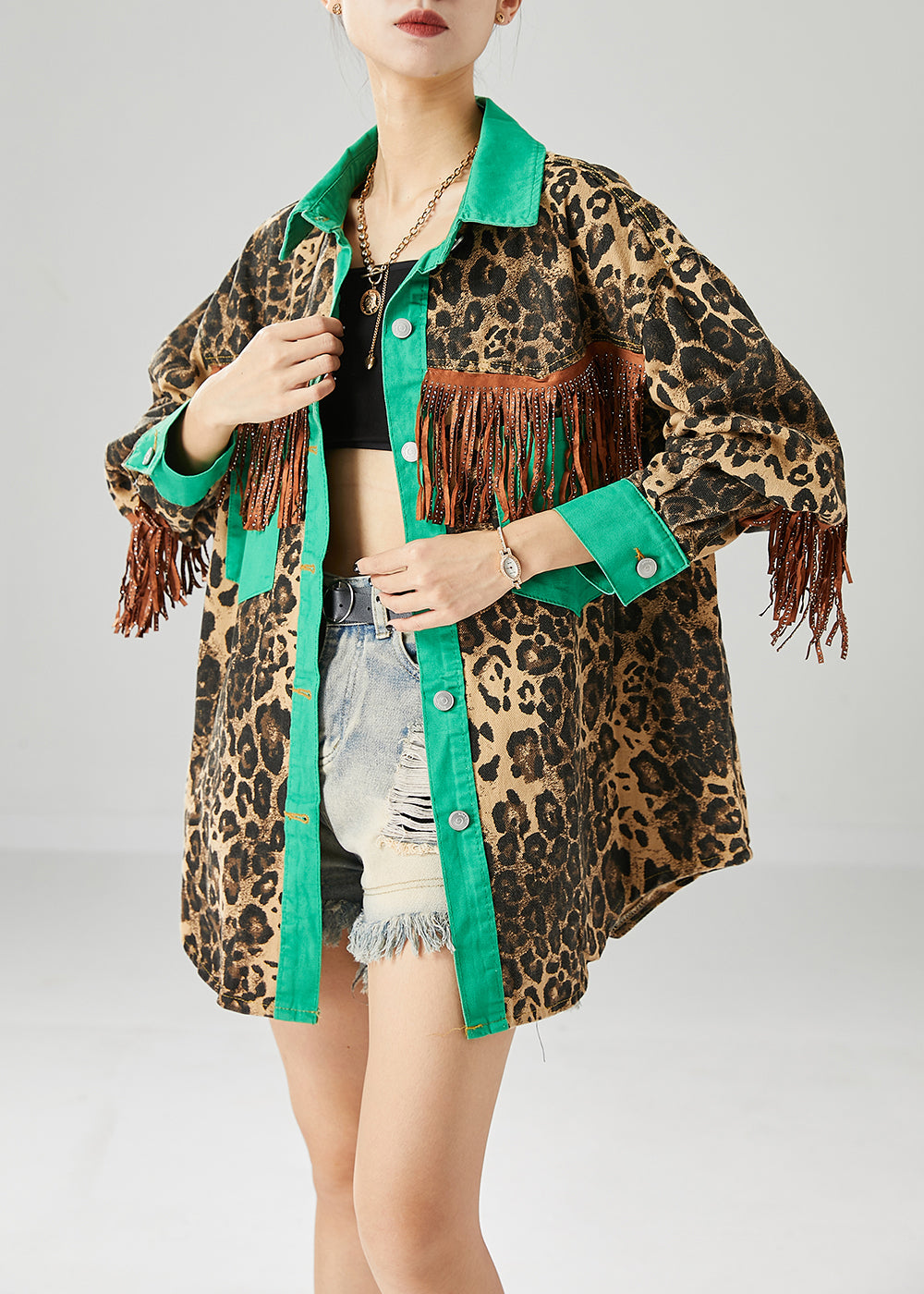 WW | Green Tassel Patchwork Leopard Print Cotton Coats
