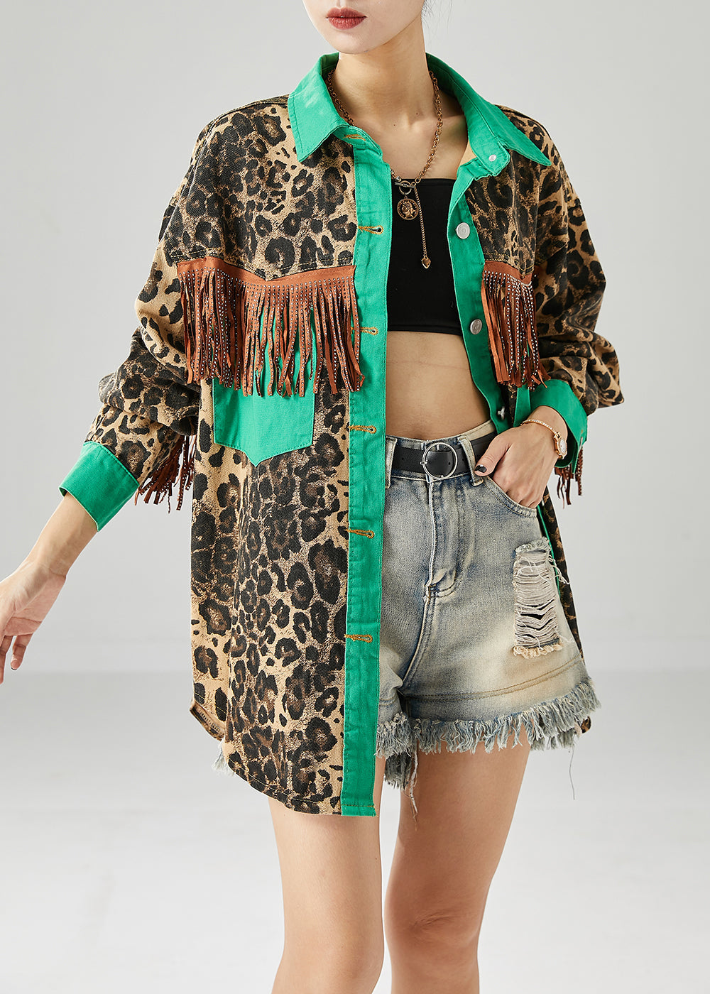 WW | Green Tassel Patchwork Leopard Print Cotton Coats
