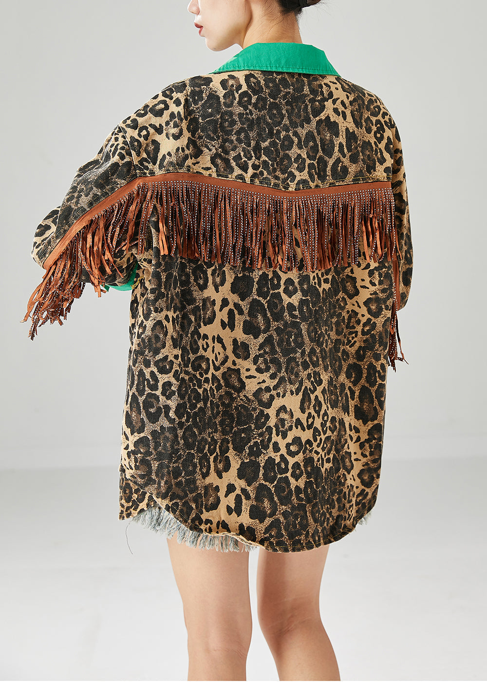 WW | Green Tassel Patchwork Leopard Print Cotton Coats