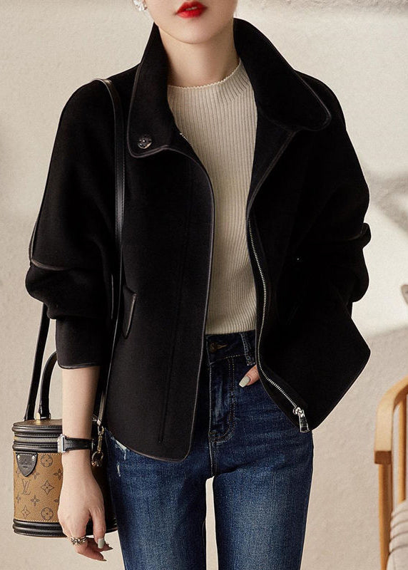 WW | Grey Stand-up Collar Zipper Patchwork Wool Coats