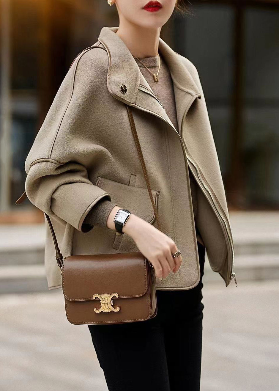 WW | Grey Stand-up Collar Zipper Patchwork Wool Coats