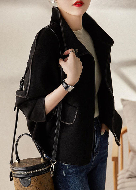 WW | Grey Stand-up Collar Zipper Patchwork Wool Coats