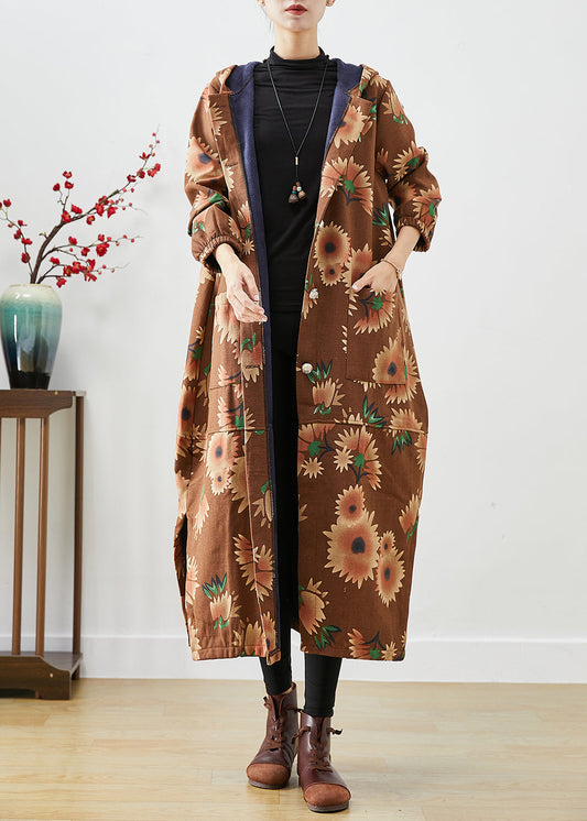WW | Khaki Kapuzen Floral Print Warme Fleece Mäntel Winter