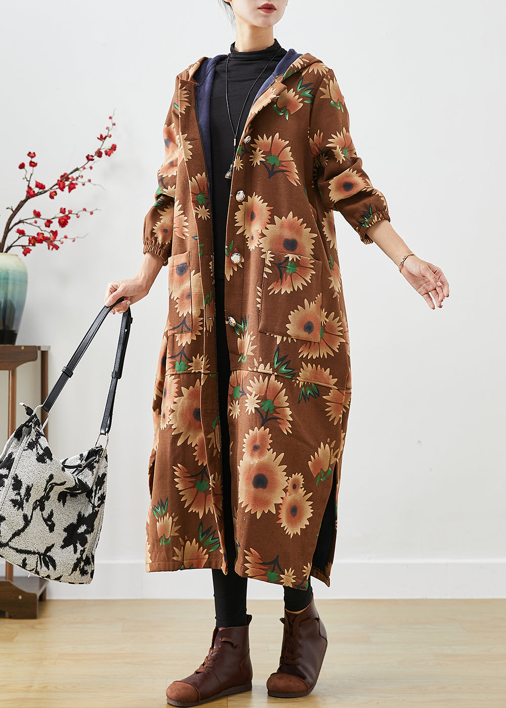 WW | Khaki Kapuzen Floral Print Warme Fleece Mäntel Winter
