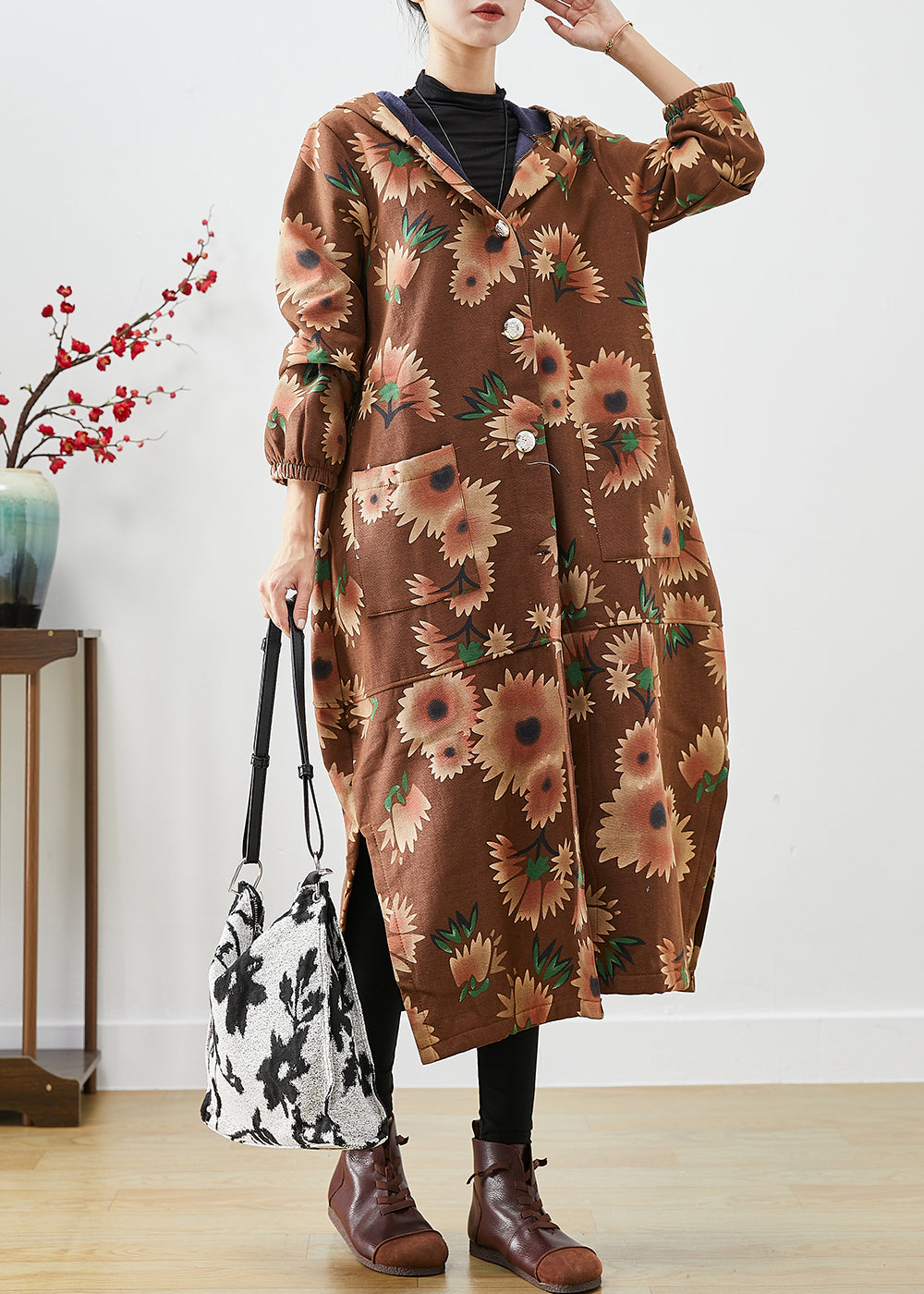 WW | Khaki Hooded Floral Print Warm Fleece Coats Winter